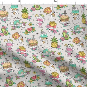Food Fabric - Food Tattoos On Light Grey By Caja Design - American Style Tattoos Junk Food Fruit Cotton Fabric By The Yard With Spoonflower