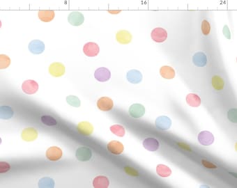 May include: White fabric with a repeating pattern of watercolor polka dots in pastel colors. The dots are in shades of pink, blue, yellow, orange, and green. The fabric is likely used for crafting or home decor.