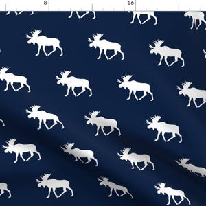 Moose Fabric - Moose / White On Navy Custom Fabric By Little Arrow Design - Moose Cotton Fabric By The Yard with Spoonflower