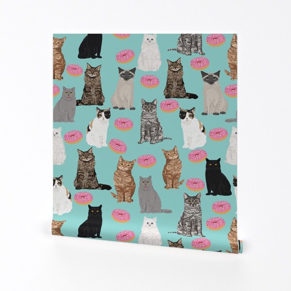 Cat Wallpaper - Cats And Donuts Cat Cute Pink By Petfriendly - Pink Custom Printed Removable Self Adhesive Wallpaper Roll by Spoonflower