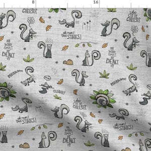 Stinky Skunks Fabric - What&#39;S That Smell? By Mulberry Tree - Skunk Wildlife Grey Nature Forest Cotton Fabric By The Yard With Spoonflower