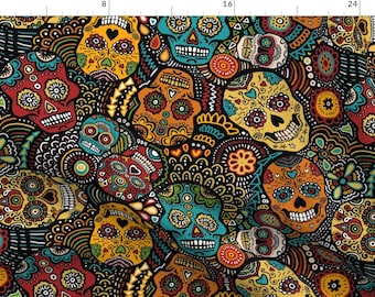 Calavera Fabric - Mexican Sugar Skulls (Small) By Lusykoror - Calavera Mexican Sugar Skulls Black Cotton Fabric By The Yard With Spoonflower
