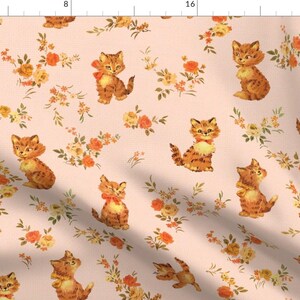 Floral Cat Fabric - Kittens Pink 1a By Muhlenkott - Cat Cotton Fabric By The Yard With Spoonflower