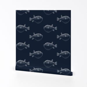 Puffer Fish Wallpaper - Puffer Fish Silver On Navy By Jenlats - Blue Custom Printed Removable Self Adhesive Wallpaper Roll by Spoonflower