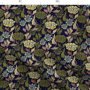 May include: A navy blue fabric with a repeating pattern of yellow, green, and pink flowers. The flowers are stylized and have a vintage look.