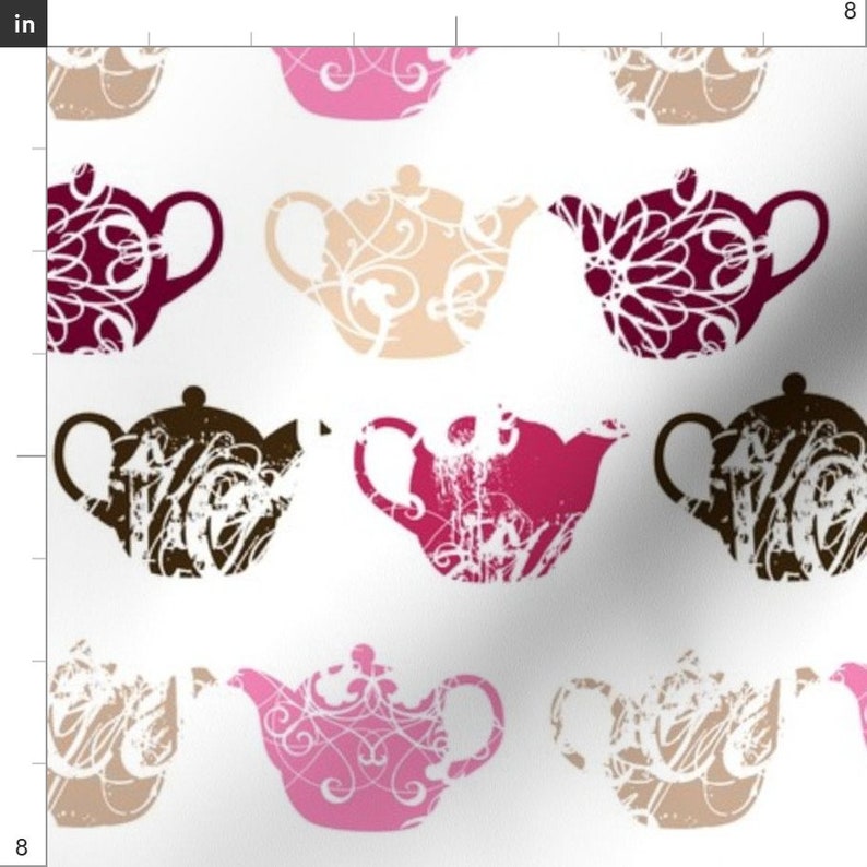 Pink Teapots Fabric Pink Teapots by Thickblackoutline Pink Etsy