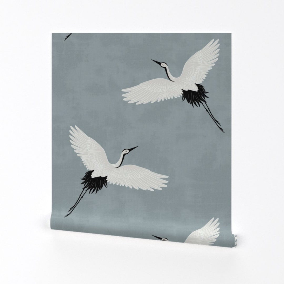 Flying Cranes Wallpaper Cranes by Kimsa Dusty Blue Elegant Etsy
