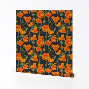 Orange Poppies Wallpaper - Poppies Outside by katie_o'shea - California Poppy Orange Blue Removable Peel and Stick Wallpaper by Spoonflower