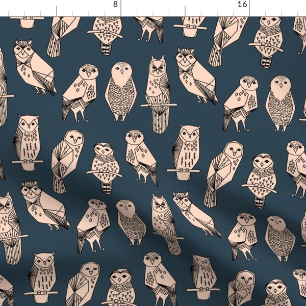 Owl Fabric - Owl // Blush And Navy Hand-Drawn Illustration Bird OwlBy Andrea Lauren - Nursery Cotton Fabric by the Yard with Spoonflower
