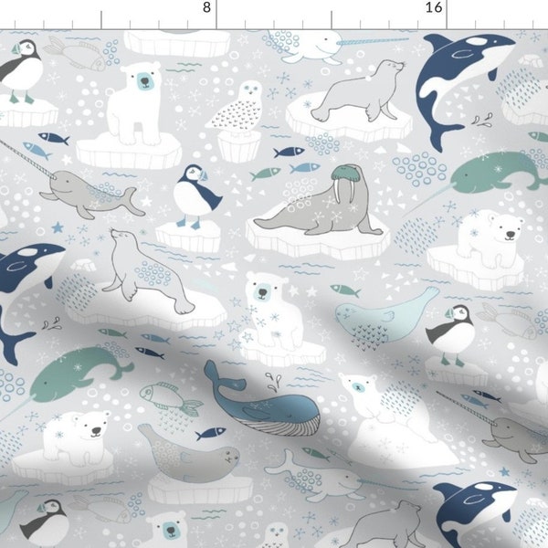 Arctic Animals Fabric - Arctic Animal Icebergs Polar Bear White By Cecca - Winter Seals Narwhal Cotton Fabric By The Yard With Spoonflower