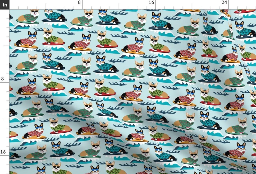 Surfing Corgis Fabric - Corgis Surfing Fabric Tropical Summer Surf ...