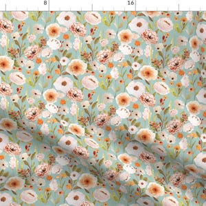 Floral Fabric - Indy Bloom Design Autumn Garden Blue By Indybloomdesign - Autumn Floral Blue Orange Red Cream  Fabric With Spoonflower