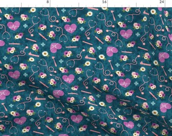 Otoscope Fabric - Floral Nurse By Littlearrowdesign - Nursing Syringe Ekg Stethoscope Teal Purple Cotton Fabric By The Yard With Spoonflower