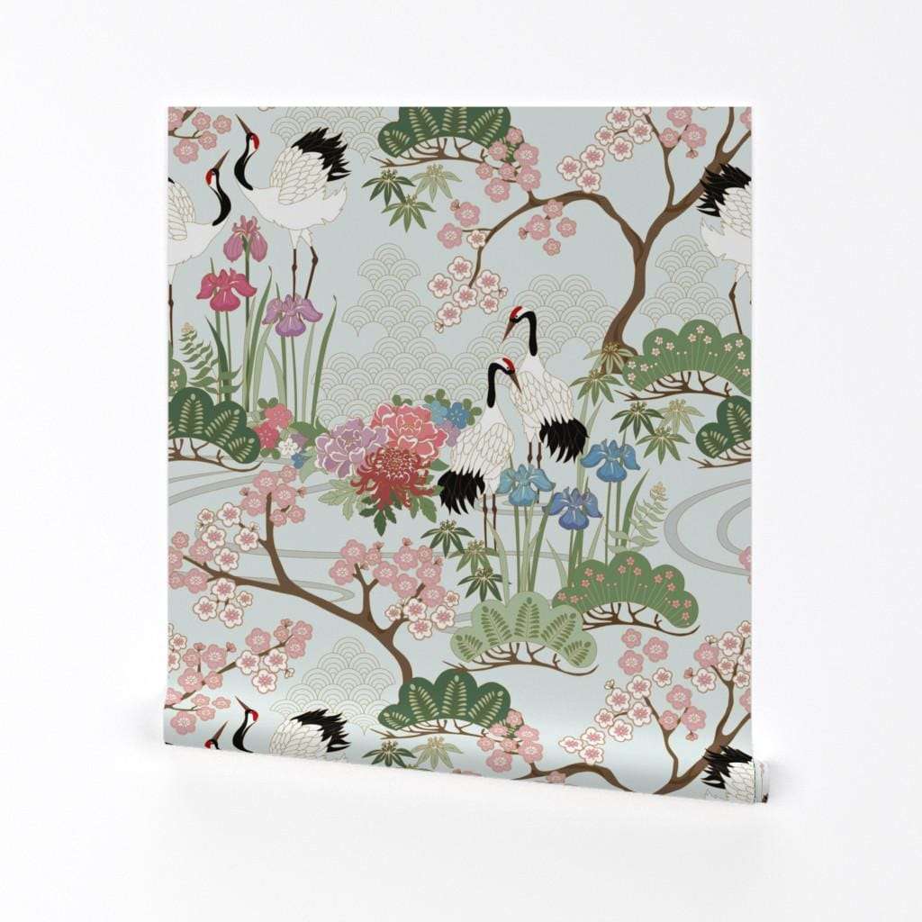 Crane Chinoiserie Removable Peel and Stick Wallpaper - Blue Green Pink Botanical - Wall Art Wall Decor - Japanese Garden by juditgueth