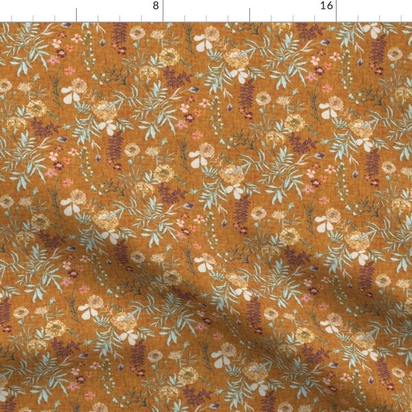 Fall Floral Fabric - Marigold Love by nouveau_bohemian - Faux Texture Faux Burlap Faux Linen Look Marigold Fabric by the Yard by Spoonflower