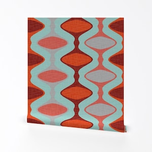 Carta da parati geometrica - Arancione blu di Fernlesliestudio - Rotolo di carta da parati autoadesiva rimovibile stampata personalizzata con motivo Ogee di Spoonflower