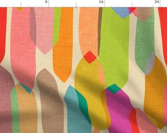 May include: Abstract geometric pattern with colorful, vertical, elongated shapes on a cream background. The shapes are in shades of red, orange, yellow, green, blue, pink, and brown.