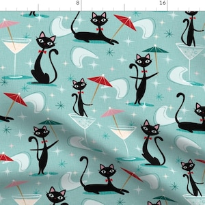 Kitsch Fabric - Cocktail Umbrella Cats By Bamokreativ - Mid Century Atomic Teal Black Cats Mod Cotton Fabric By The Yard With Spoonflower