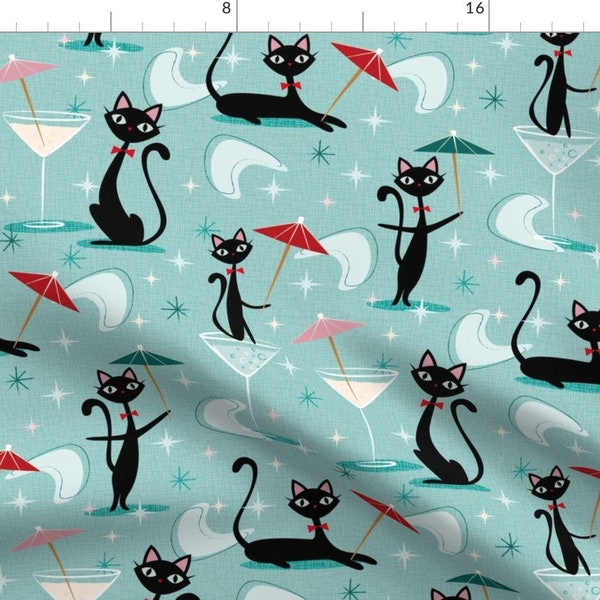 Kitsch Fabric - Cocktail Umbrella Cats By Bamokreativ - Mid Century Atomic Teal Black Cats Mod Cotton Fabric By The Yard With Spoonflower