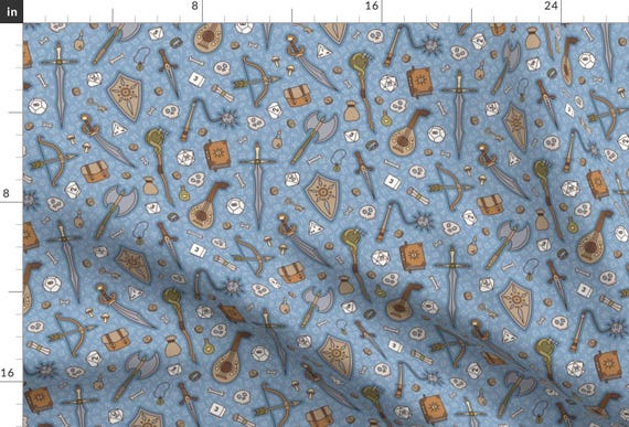 Mideval Tabletop Rpg Fabric - Rpg Quest Large In Blue Naturals By Moonpuff - Tabletop Rpg Cotton Fabric By The Yard With Spoonflower