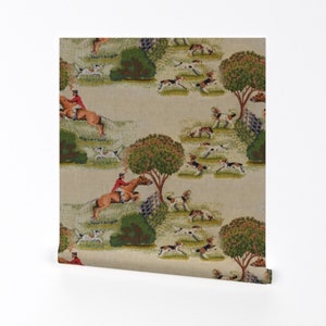 Fox Hunting Wallpaper - A Crewel Hunt By Eclectic House - Crewel Custom Printed Removable Self Adhesive Wallpaper Roll by Spoonflower