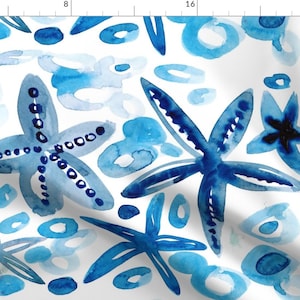 Seaside Watercolor Fabric - Starfish7 By Cest_La_Viv - Watercolor Blue Ocean Sea Shells Beach Cotton Fabric By The Yard With Spoonflower