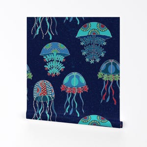 Jellyfish Wallpaper - Jellyfish Jubilee By Shellypenko - Blue Teal Red Custom Printed Removable Self Adhesive Wallpaper Roll by Spoonflower image 2