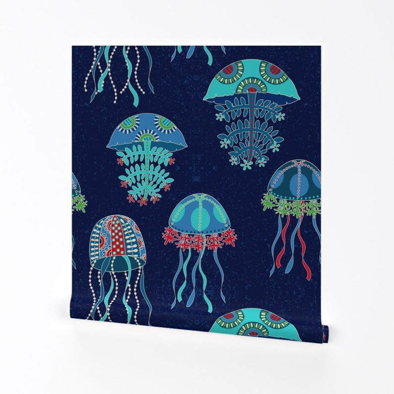 Jellyfish Wallpaper - Jellyfish Jubilee By Shellypenko - Blue Teal Red Custom Printed Removable Self Adhesive Wallpaper Roll by Spoonflower image 2