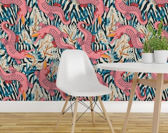 Pink Gator Peel and Stick-behang - Bright Animal Alligator Gator - verwijderbare muurdecoratiekunst - Bazaar Cosmic Gator door holli_zollinger