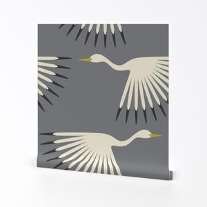 Art Deco Wallpaper - Art Deco Cranes By Katerhees - Dark Grey Ivory Birds Maximalist Removable Self Adhesive Wallpaper Roll by Spoonflower