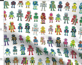 Robots Fabric - Robot Line-Up On White By Cecca- Robot Sci-Fi Retro Vintage Toy Robotics Colorful Cotton Fabric By The Yard With Spoonflower