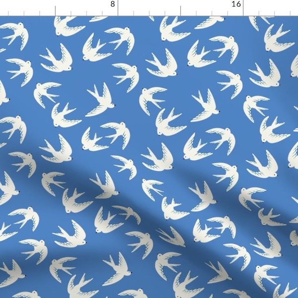 Flying Swallow Fabric - Flying Birds On Blue by yara_dutra - Blue White Whimsical Fun Cute Happy Cheerful Fabric by the Yard by Spoonflower
