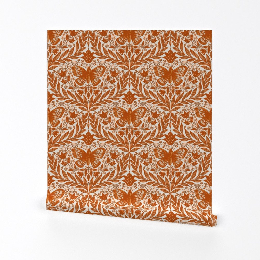 Orange Damask Wallpaper Butterfly Damask by Kashmira Flowers Leaves