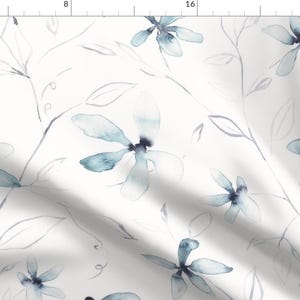 Blue Flowers Fabric - Clematis By Lolahstudio - White Blue Floral Botanical Gardening Vines Cotton Fabric by the Yard With Spoonflower