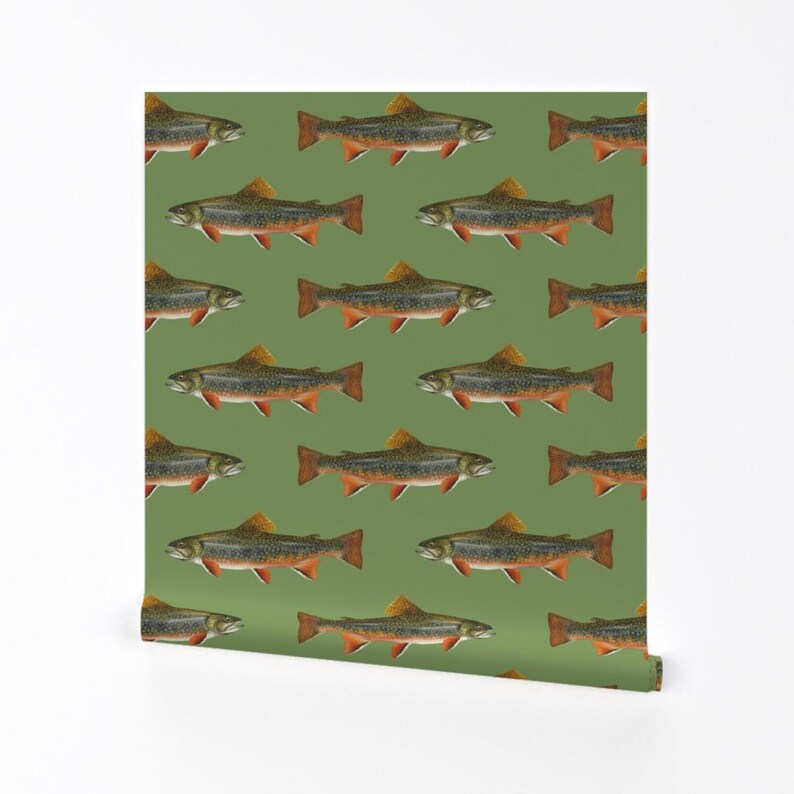 Fish Wallpaper - Brook Trout By Weavingmajor - Vintage Green Cabin Lodge Mountains Removable Self Adhesive Wallpaper Roll by Spoonflower image 2