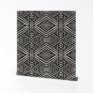 Black Removable Peel and Stick Wallpaper -  Boho Chic Mud Cloth Black And White  - Wall Art Wall Decor - Faux Mudcloth by crystal_walen