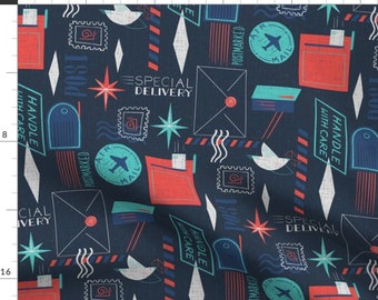 Mail Fabric - Retro Post By Friztin By Friztin - Navy Teal Red Letters Postage Envelopes Birds Cotton Fabric By The Yard With Spoonflower
