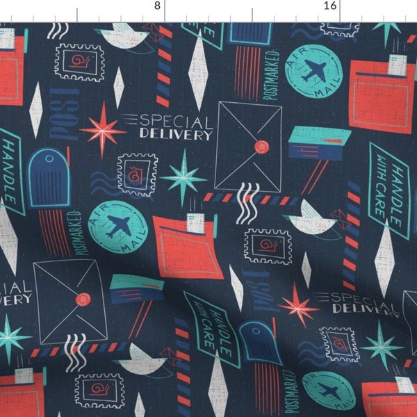 Mail Fabric - Retro Post By Friztin By Friztin - Navy Teal Red Letters Postage Envelopes Birds Cotton Fabric By The Yard With Spoonflower