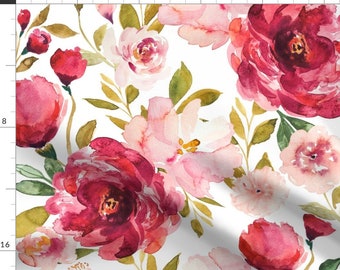 Lush Pink Peonies Fabric - Summers Eve Peonies C By Indybloomdesign - Large Watercolor Blossoms Cotton Fabric By The Yard With Spoonflower