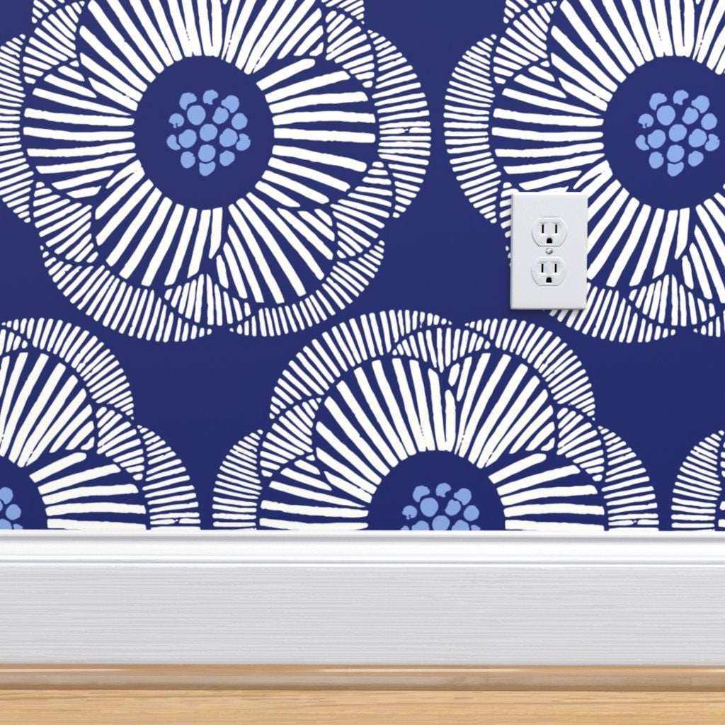 Floral Wallpaper Camellia White On Dark Blue/Large By | Etsy
