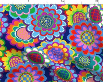 Retro Floral Fabric - Jewel Tone Mod 70s Flowers By Lalalamonique - Retro Floral Colorful 1970s Cotton Fabric By The Yard With Spoonflower 