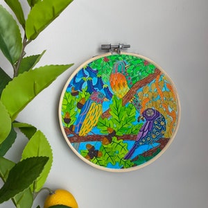 Stain-glass Embroidery Template on Cotton - Birds By Linsart- Watercolor Glass Embroidery Pattern for 6" Hoop Custom Printed by Spoonflower