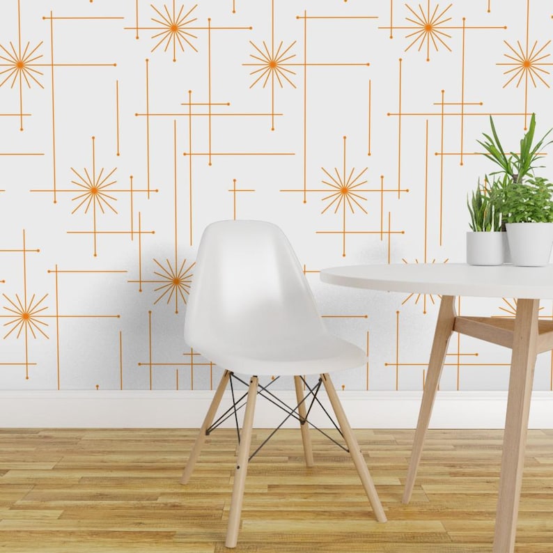 Mid Century Peel and Stick Wallpaper - Atomic Starbursts White Orange ...