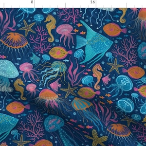 Ocean Fabric - Ocean Illumination 24&quot; By Helenpdesigns - Ocean Animals Seafloor Aquatic Marine Cotton Fabric By The Yard With Spoonflower