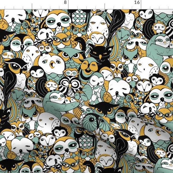 Teal and Gold Owls Fabric - A Parliament In Session By Ceanirminger - Mod Birds Nursery Decor Cotton Fabric By The Yard With Spoonflower