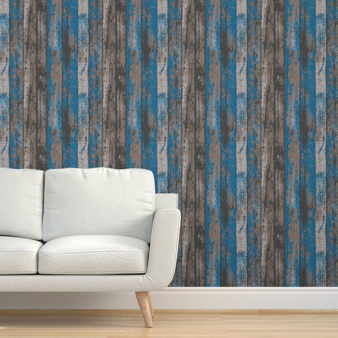 Blue Gray Faux Wood Wallpaper Aged Rustic Wooden Planks by Etsy