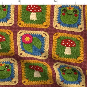 Woodland Fabric - Woodland Frog Mushroom Granny Squares by emibeebuzz - Frog Mushroom Granny Squares Retro Fabric by the Yard by Spoonflower