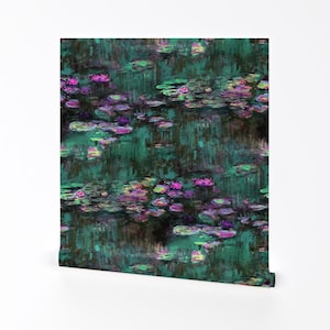 Papier peint nénuphars - émeraude et orchidées par Peacoquettedesigns - rouleau de papier peint auto-adhésif amovible imprimé personnalisé par Spoonflower