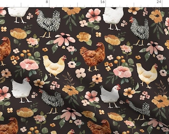 Farmhouse Chickens Fabric - Watercolor Chicken Floral by cateandrainn - Hens Watercolor Peony Pink Floral Fabric by the Yard by Spoonflower