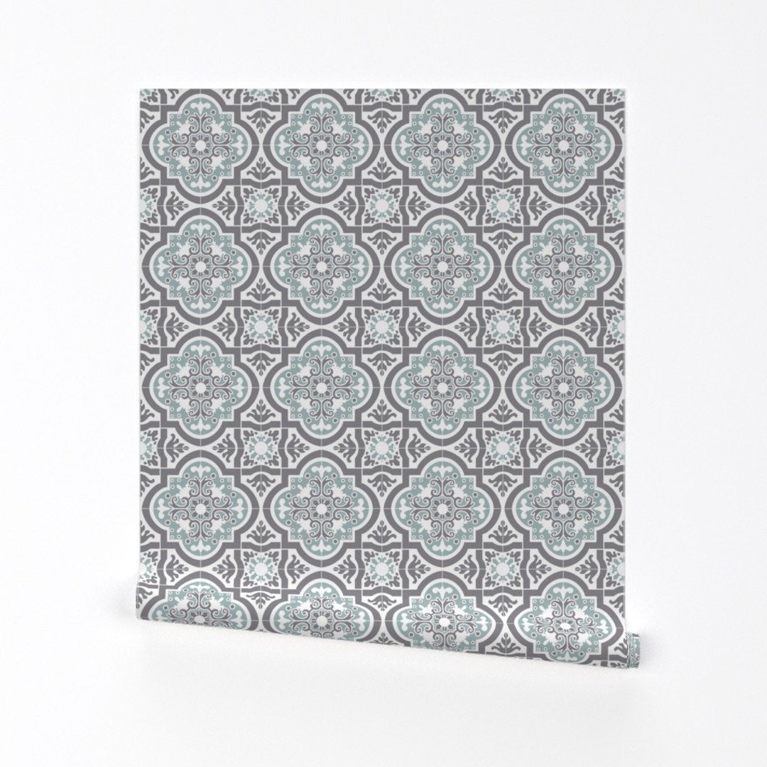 Spanish Wallpaper Spanish Tile by Tiffanyaryee Blue Gray - Etsy